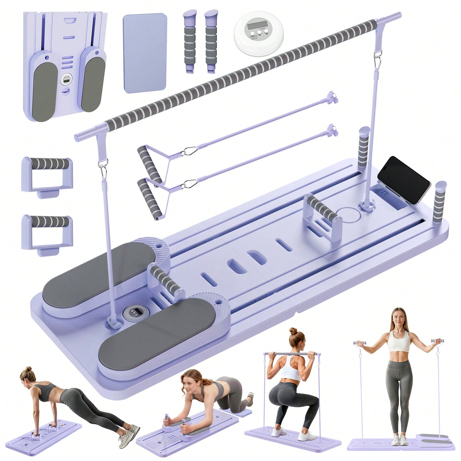Fitness Equipment - 바가 있는 필라테스 리포머, 휴대폰 거치대가